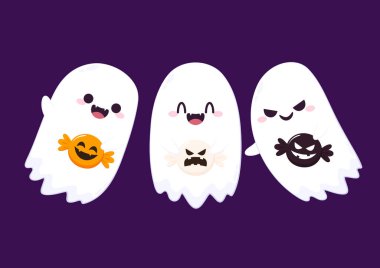 Cadılar Bayramı 'nda şeker mi şaka mı için balkabağı sepeti taşıyan şirin bir hayalet. Tuhaf, ürkünç, yuhalama karakteri. Gülen surat ifadeli hayalet. İzole çocuklar düz vektör çizimi.