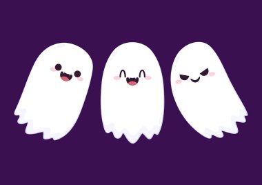 Cadılar Bayramı 'nda şeker mi şaka mı için balkabağı sepeti taşıyan şirin bir hayalet. Tuhaf, ürkünç, yuhalama karakteri. Gülen surat ifadeli hayalet. İzole çocuklar düz vektör çizimi.