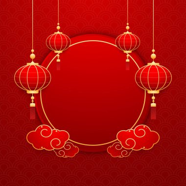 Mutlu Çin Yeni Yılı 2025. Çin yeni yıl afişi, gösteri için daire şeklinde. Tebrik kartı. Kırmızı zemin üzerinde fener bulunan Çin çerçevesi.
