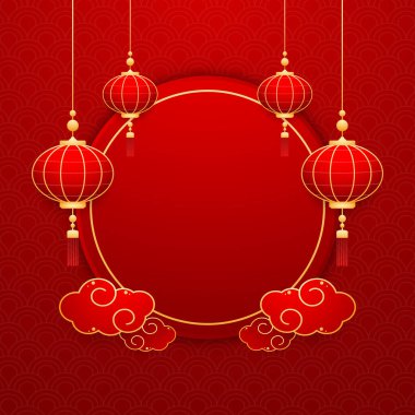 Mutlu Çin Yeni Yılı 2025. Çin yeni yıl afişi, gösteri için daire şeklinde. Tebrik kartı. Kırmızı zemin üzerinde fener bulunan Çin çerçevesi.