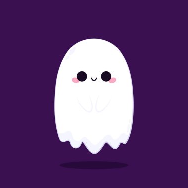 Cadılar Bayramı 'nda şeker mi şaka mı için balkabağı sepeti taşıyan şirin bir hayalet. Tuhaf, ürkünç, yuhalama karakteri. Gülen surat ifadeli hayalet. İzole çocuklar düz vektör çizimi.