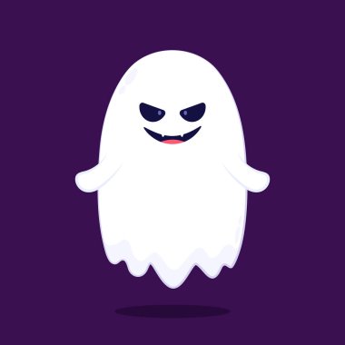 Cadılar Bayramı 'nda şeker mi şaka mı için balkabağı sepeti taşıyan şirin bir hayalet. Tuhaf, ürkünç, yuhalama karakteri. Gülen surat ifadeli hayalet. İzole çocuklar düz vektör çizimi.