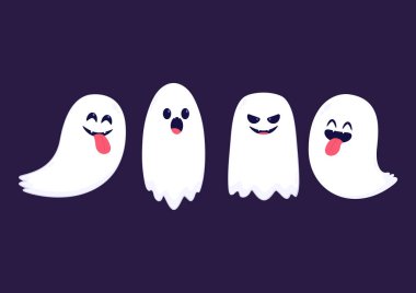 Cadılar Bayramı 'nda şeker mi şaka mı için balkabağı sepeti taşıyan şirin bir hayalet. Tuhaf, ürkünç, yuhalama karakteri. Gülen surat ifadeli hayalet. İzole çocuklar düz vektör çizimi.