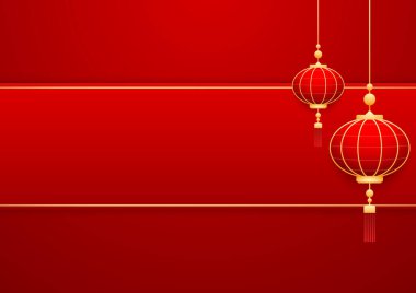 Mutlu Çin Yeni Yılı 2025. Çin yeni yıl afişi, gösteri için daire şeklinde. Tebrik kartı. Kırmızı zemin üzerinde fener bulunan Çin çerçevesi.