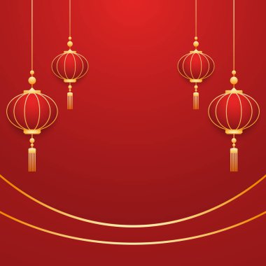 Mutlu Çin Yeni Yılı 2025. Çin yeni yıl afişi, gösteri için daire şeklinde. Tebrik kartı. Kırmızı zemin üzerinde fener bulunan Çin çerçevesi.