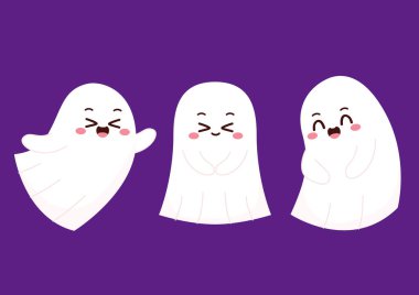 Cadılar Bayramı 'nda şeker mi şaka mı günü yüzen tatlı bir hayalet. Tuhaf, ürkünç, yuhalama karakteri. Gülen surat ifadeli hayalet. İzole çocuklar düz vektör çizimi.