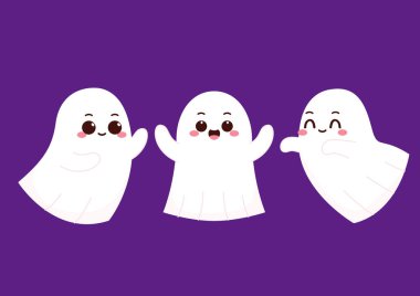 Cadılar Bayramı 'nda şeker mi şaka mı günü yüzen tatlı bir hayalet. Tuhaf, ürkünç, yuhalama karakteri. Gülen surat ifadeli hayalet. İzole çocuklar düz vektör çizimi.