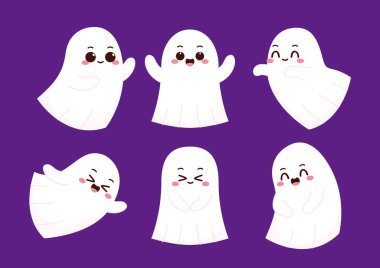 Cadılar Bayramı 'nda şeker mi şaka mı günü yüzen tatlı bir hayalet. Tuhaf, ürkünç, yuhalama karakteri. Gülen surat ifadeli hayalet. İzole çocuklar düz vektör çizimi.