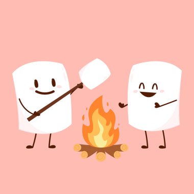 Marshmallow character. Marshmallow piece on skewer roasting on forest bonfire. bonfire vector. Marshmallow cartoon vector. 