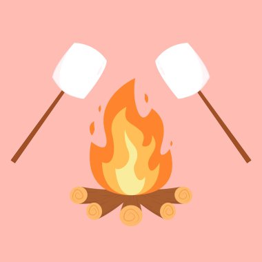 Şekerleme karakteri. Şiş şiş üzerine lokum parçası orman ateşinde kavruluyor. Şenlik ateşi vektörü. Şekerleme çizgi film vektörü. 