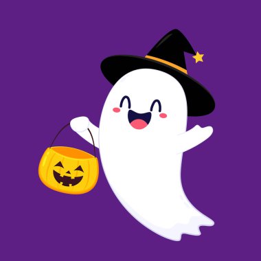 Cadılar Bayramı 'nda şeker mi şaka mı için balkabağı sepeti taşıyan şirin bir hayalet. Tuhaf, ürkünç, yuhalama karakteri. Gülen surat ifadeli hayalet. İzole çocuklar düz vektör çizimi.