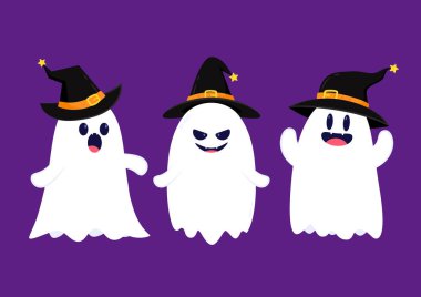 Cadılar Bayramı 'nda şeker mi şaka mı için balkabağı sepeti taşıyan şirin bir hayalet. Tuhaf, ürkünç, yuhalama karakteri. Gülen surat ifadeli hayalet. İzole çocuklar düz vektör çizimi.