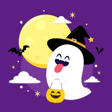 Cadılar Bayramı 'nda şeker mi şaka mı için balkabağı sepeti taşıyan şirin bir hayalet. Tuhaf, ürkünç, yuhalama karakteri. Gülen surat ifadeli hayalet. İzole çocuklar düz vektör çizimi.