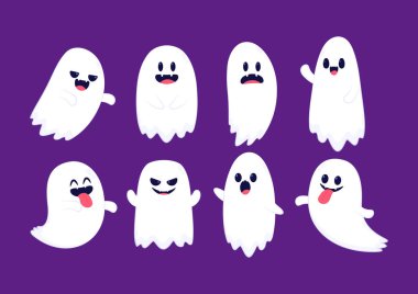 Cadılar Bayramı 'nda şeker mi şaka mı için balkabağı sepeti taşıyan şirin bir hayalet. Tuhaf, ürkünç, yuhalama karakteri. Gülen surat ifadeli hayalet. İzole çocuklar düz vektör çizimi.