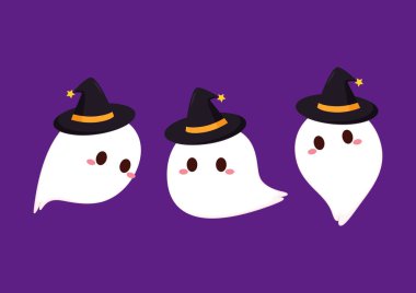 Cadılar Bayramı 'nda şeker mi şaka mı için balkabağı sepeti taşıyan şirin bir hayalet. Tuhaf, ürkünç, yuhalama karakteri. Gülen surat ifadeli hayalet. İzole çocuklar düz vektör çizimi.