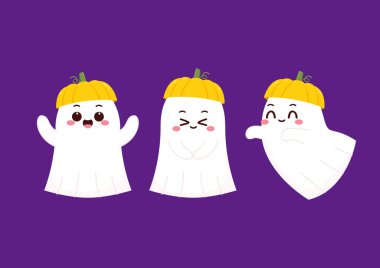 Cadılar Bayramı 'nda şeker mi şaka mı için balkabağı sepeti taşıyan şirin bir hayalet. Tuhaf, ürkünç, yuhalama karakteri. Gülen surat ifadeli hayalet. İzole çocuklar düz vektör çizimi.