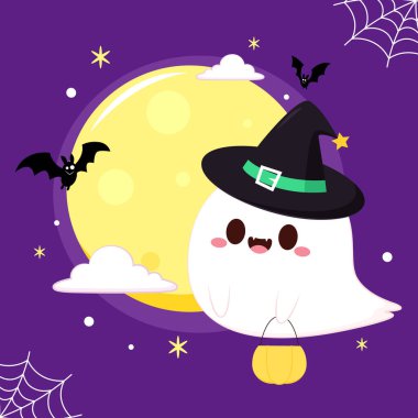 Cadılar Bayramı 'nda şeker mi şaka mı için balkabağı sepeti taşıyan şirin bir hayalet. Tuhaf, ürkünç, yuhalama karakteri. Gülen surat ifadeli hayalet. İzole çocuklar düz vektör çizimi.