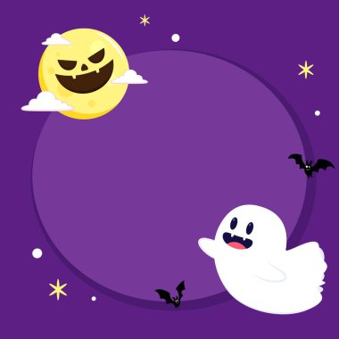 Cadılar Bayramı 'nda şeker mi şaka mı için balkabağı sepeti taşıyan şirin bir hayalet. Tuhaf, ürkünç, yuhalama karakteri. Gülen surat ifadeli hayalet. İzole çocuklar düz vektör çizimi.