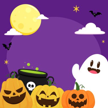 Cadılar Bayramı 'nda şeker mi şaka mı için balkabağı sepeti taşıyan şirin bir hayalet. Tuhaf, ürkünç, yuhalama karakteri. Gülen surat ifadeli hayalet. İzole çocuklar düz vektör çizimi.