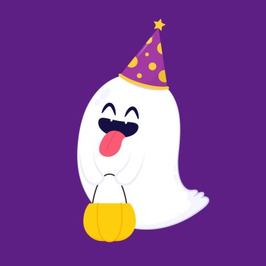 Cadılar Bayramı 'nda şeker mi şaka mı için balkabağı sepeti taşıyan şirin bir hayalet. Tuhaf, ürkünç, yuhalama karakteri. Gülen surat ifadeli hayalet. İzole çocuklar düz vektör çizimi.