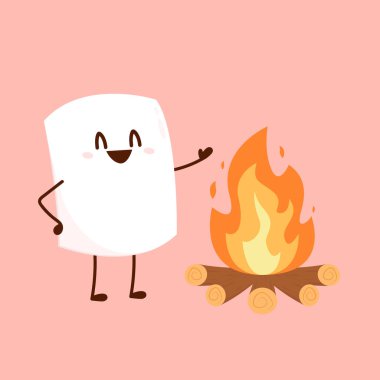 Şekerleme karakteri. Şiş şiş üzerine lokum parçası orman ateşinde kavruluyor. Şenlik ateşi vektörü. Şekerleme çizgi film vektörü. 