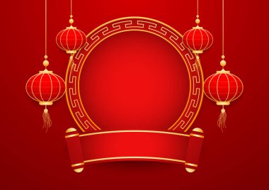 Mutlu Çin Yeni Yılı 2025. Çin yeni yıl afişi, gösteri için daire şeklinde. Tebrik kartı. Kırmızı zemin üzerinde fener bulunan Çin çerçevesi.