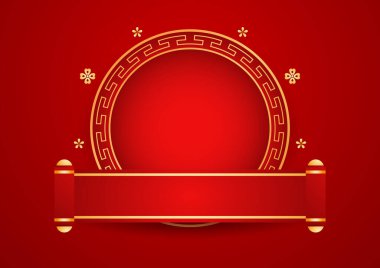 Mutlu Çin Yeni Yılı 2025. Çin yeni yıl afişi, gösteri için daire şeklinde. Tebrik kartı. Kırmızı zemin üzerinde fener bulunan Çin çerçevesi.