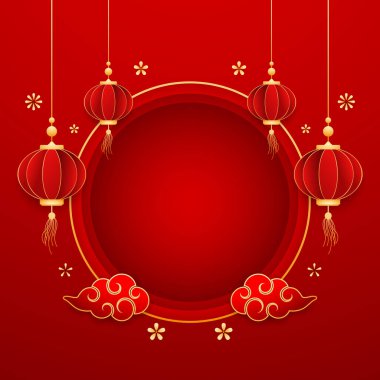 Mutlu Çin Yeni Yılı 2025. Çin yeni yıl afişi, gösteri için daire şeklinde. Tebrik kartı. Kırmızı zemin üzerinde fener bulunan Çin çerçevesi.