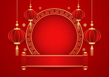 Mutlu Çin Yeni Yılı 2025. Çin yeni yıl afişi, gösteri için daire şeklinde. Tebrik kartı. Kırmızı zemin üzerinde fener bulunan Çin çerçevesi.