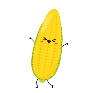 Mısır karikatürü vektörü. Beyaz üzerine izole edilmiş şirin bir sebze vektörü karakteri. Mısır maskotu..