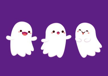 Cadılar Bayramı 'nda şeker mi şaka mı için balkabağı sepeti taşıyan şirin bir hayalet. Tuhaf, ürkünç, yuhalama karakteri. Gülen surat ifadeli hayalet. İzole çocuklar düz vektör çizimi.