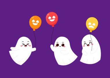 Cadılar Bayramı 'nda şeker mi şaka mı için balkabağı sepeti taşıyan şirin bir hayalet. Tuhaf, ürkünç, yuhalama karakteri. Gülen surat ifadeli hayalet. İzole çocuklar düz vektör çizimi.