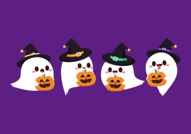 Cadılar Bayramı 'nda yüzen şirin bir hayalet. Tuhaf, ürkünç, yuhalama karakteri. Gülen surat ifadeli hayalet. İzole çocuklar düz vektör çizimi.