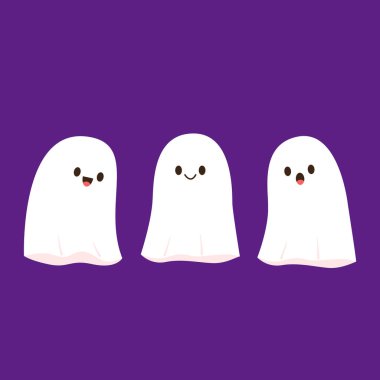 Cadılar Bayramı 'nda yüzen şirin bir hayalet. Tuhaf, ürkünç, yuhalama karakteri. Gülen surat ifadeli hayalet. İzole çocuklar düz vektör çizimi.