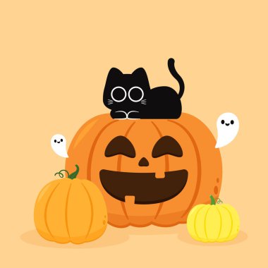 Mutlu Cadılar Bayramı duvar kağıtları ve tebrik kartları. Hayalet ve kara kedili balkabağı. Tatil çizgi film karakteri