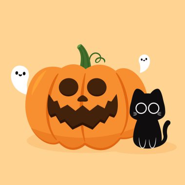 Mutlu Cadılar Bayramı duvar kağıtları ve tebrik kartları. Hayalet ve kara kedili balkabağı. Tatil çizgi film karakteri