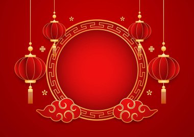 Mutlu Çin Yeni Yılı 2025. Çin yeni yıl afişi, gösteri için daire şeklinde. Tebrik kartı. Kırmızı zemin üzerinde fener bulunan Çin çerçevesi.