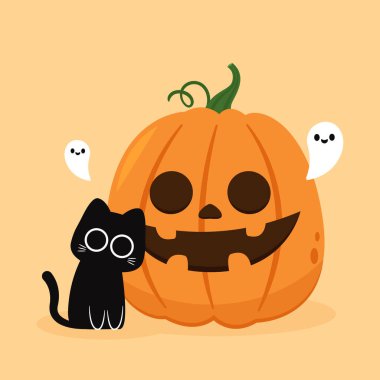 Mutlu Cadılar Bayramı duvar kağıtları ve tebrik kartları. Hayalet ve kara kedili balkabağı. Tatil çizgi film karakteri