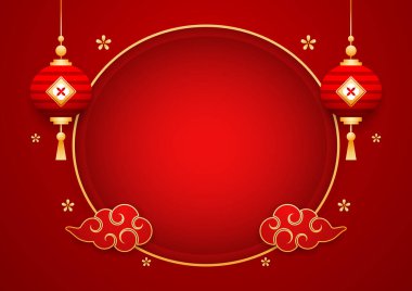 Mutlu Çin Yeni Yılı 2025. Çin yeni yıl afişi, gösteri için daire şeklinde. Tebrik kartı. Kırmızı zemin üzerinde fener bulunan Çin çerçevesi.