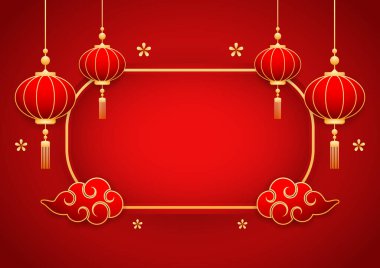 Mutlu Çin Yeni Yılı 2025. Çin yeni yıl afişi, gösteri için daire şeklinde. Tebrik kartı. Kırmızı zemin üzerinde fener bulunan Çin çerçevesi.