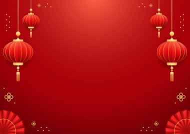 Mutlu Çin Yeni Yılı 2025. Çin yeni yıl afişi, gösteri için daire şeklinde. Tebrik kartı. Kırmızı zemin üzerinde fener bulunan Çin çerçevesi.