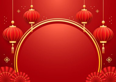 Mutlu Çin Yeni Yılı 2025. Çin yeni yıl afişi, gösteri için daire şeklinde. Tebrik kartı. Kırmızı zemin üzerinde fener bulunan Çin çerçevesi.