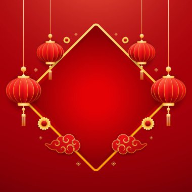 Mutlu Çin Yeni Yılı 2025. Çin yeni yıl afişi, gösteri için daire şeklinde. Tebrik kartı. Kırmızı zemin üzerinde fener bulunan Çin çerçevesi.