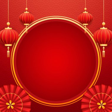Mutlu Çin Yeni Yılı 2025. Çin yeni yıl afişi, gösteri için daire şeklinde. Tebrik kartı. Kırmızı zemin üzerinde fener bulunan Çin çerçevesi.