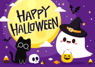 Cadılar Bayramı 'nda şeker mi şaka mı için balkabağı sepeti taşıyan şirin bir hayalet. Tuhaf, ürkünç, yuhalama karakteri. Gülen surat ifadeli hayalet. İzole çocuklar düz vektör çizimi.