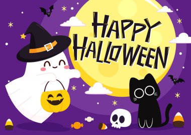 Cadılar Bayramı 'nda şeker mi şaka mı için balkabağı sepeti taşıyan şirin bir hayalet. Tuhaf, ürkünç, yuhalama karakteri. Gülen surat ifadeli hayalet. İzole çocuklar düz vektör çizimi.