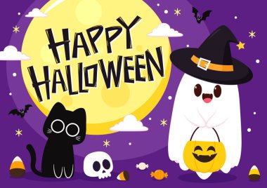 Cadılar Bayramı 'nda şeker mi şaka mı için balkabağı sepeti taşıyan şirin bir hayalet. Tuhaf, ürkünç, yuhalama karakteri. Gülen surat ifadeli hayalet. İzole çocuklar düz vektör çizimi.