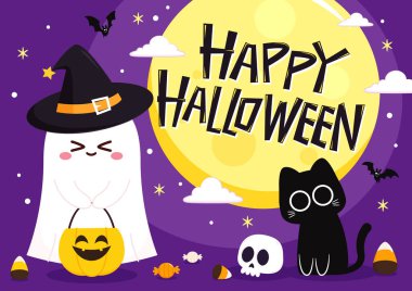 Cadılar Bayramı 'nda şeker mi şaka mı için balkabağı sepeti taşıyan şirin bir hayalet. Tuhaf, ürkünç, yuhalama karakteri. Gülen surat ifadeli hayalet. İzole çocuklar düz vektör çizimi.