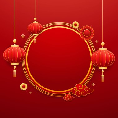 Mutlu Çin Yeni Yılı 2025. Çin yeni yıl afişi, gösteri için daire şeklinde. Tebrik kartı. Kırmızı zemin üzerinde fener bulunan Çin çerçevesi.