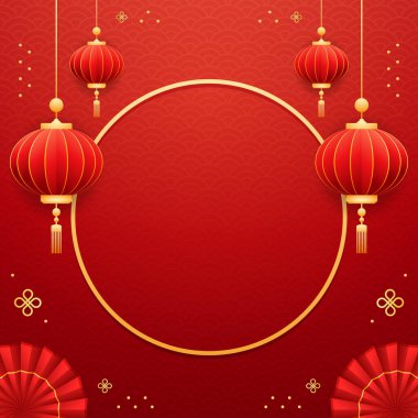 Mutlu Çin Yeni Yılı 2025. Çin yeni yıl afişi, gösteri için daire şeklinde. Tebrik kartı. Kırmızı zemin üzerinde fener bulunan Çin çerçevesi.